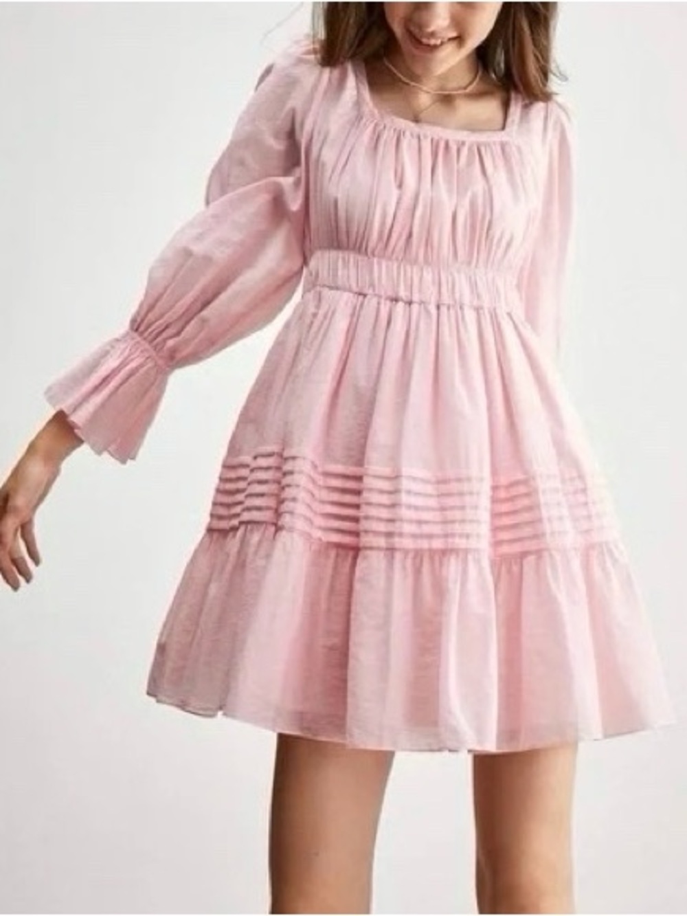 J ING Pink Cotton Candy Tiered Ruffle Mini Dress Long Sleeve XS